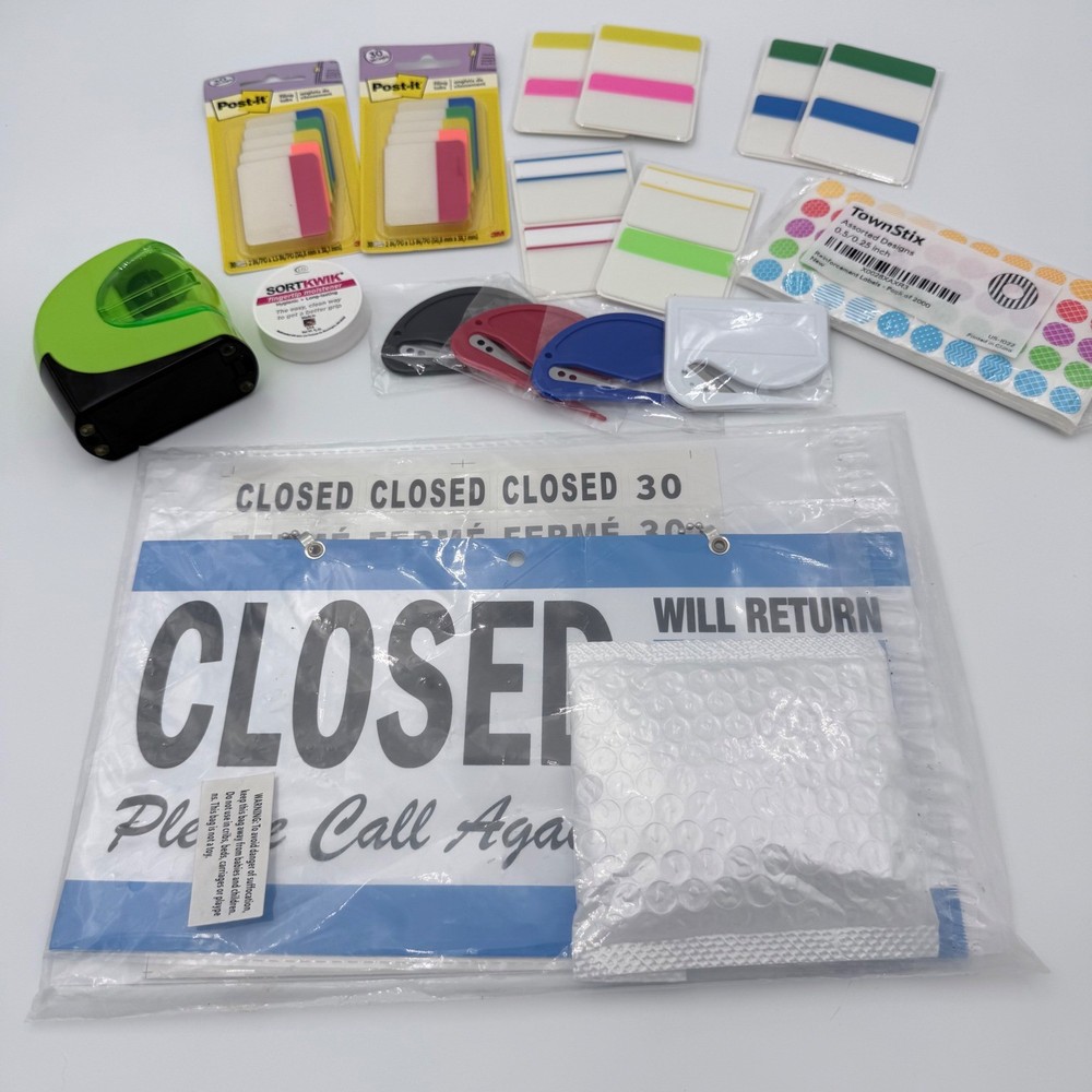 New Office Supply Bundle Signs Labels Post-It Cutter Sharpener Kit