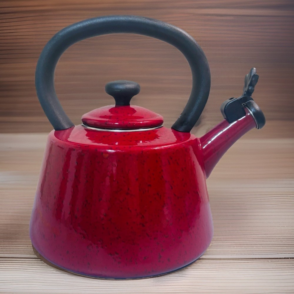 Paula Deen Red Speckled 2 Quart Signature Enameled Whistling Tea Kettle Pot