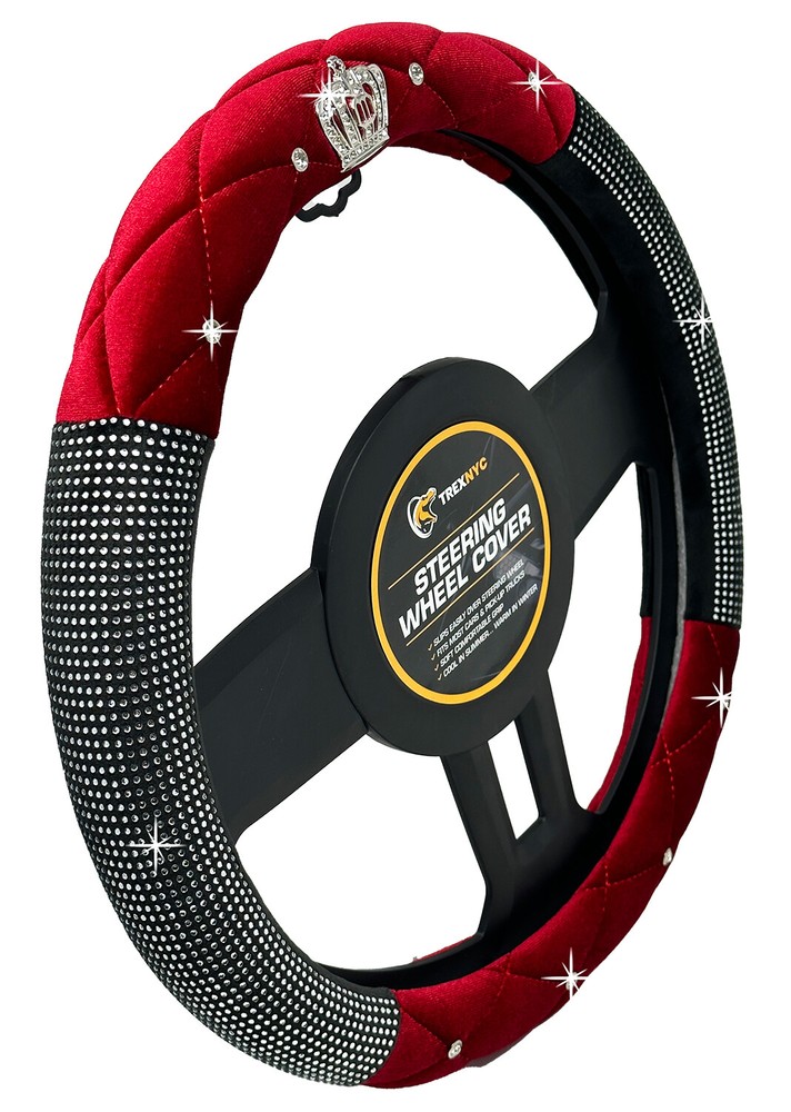 TrexNYC Crown Rhinestone Steering Wheel Cover, Red