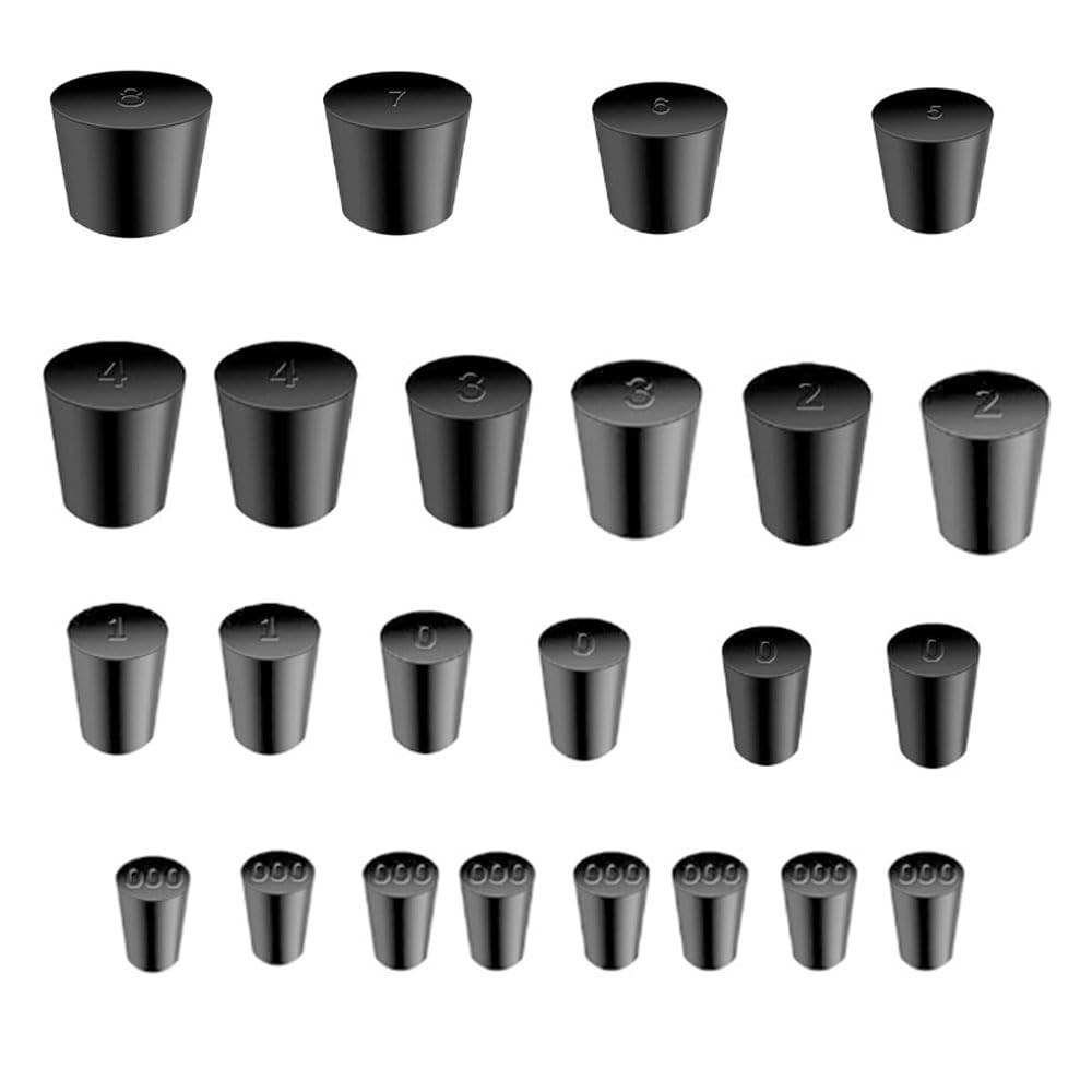 24Pcs Solid Rubber Stoppers 000# - 8# Tapered Lab Bungs 24pcs, Black