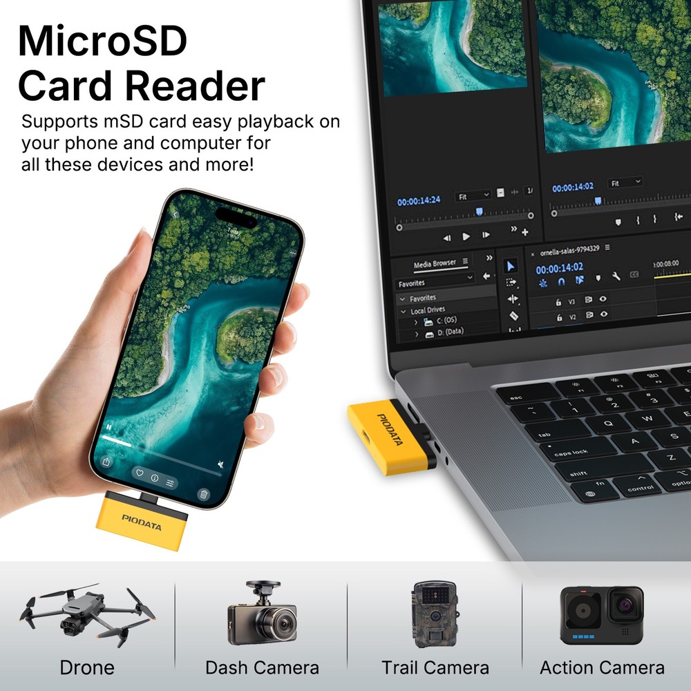 Micro SD Card Reader for USB C iPhone Android, Passthrough Charging Yellow/Black