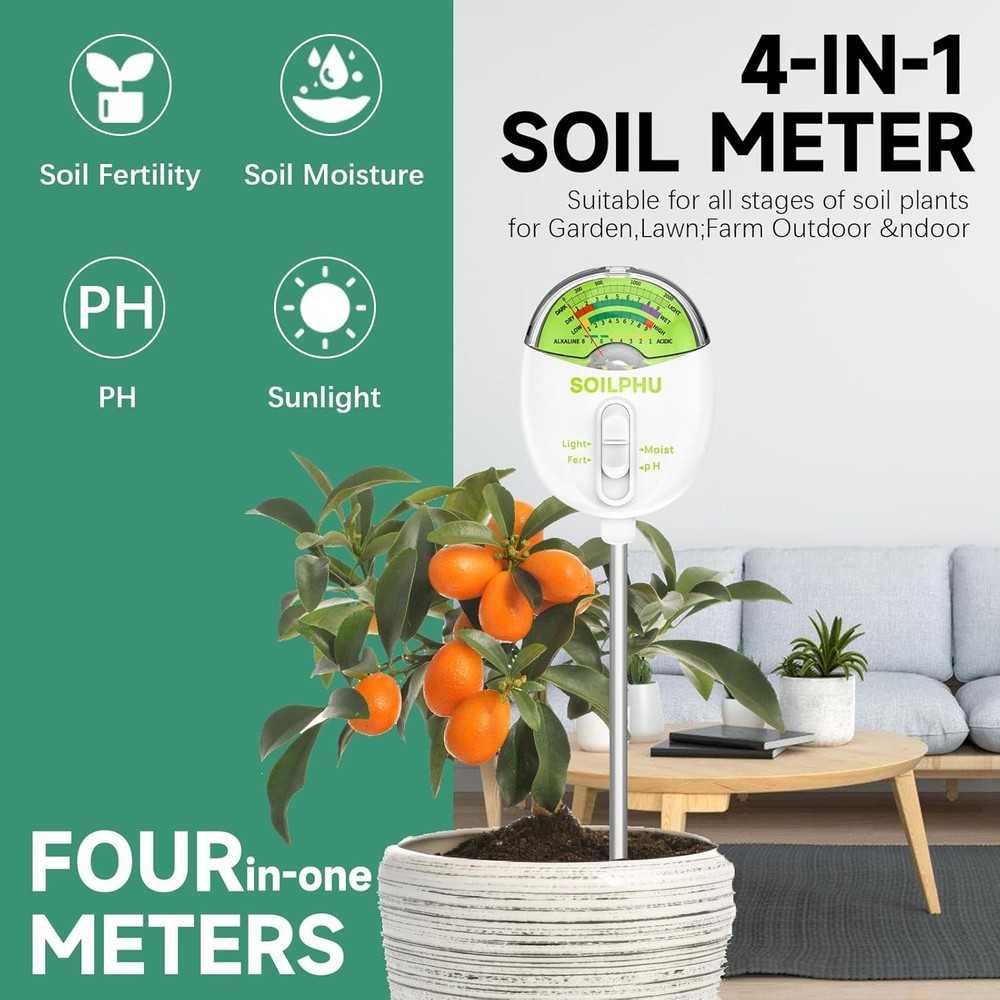 (4 pack) Soil Moisture Meter, 4-in-1 Tester, pH, Light, Nutrients, Garden Tool.