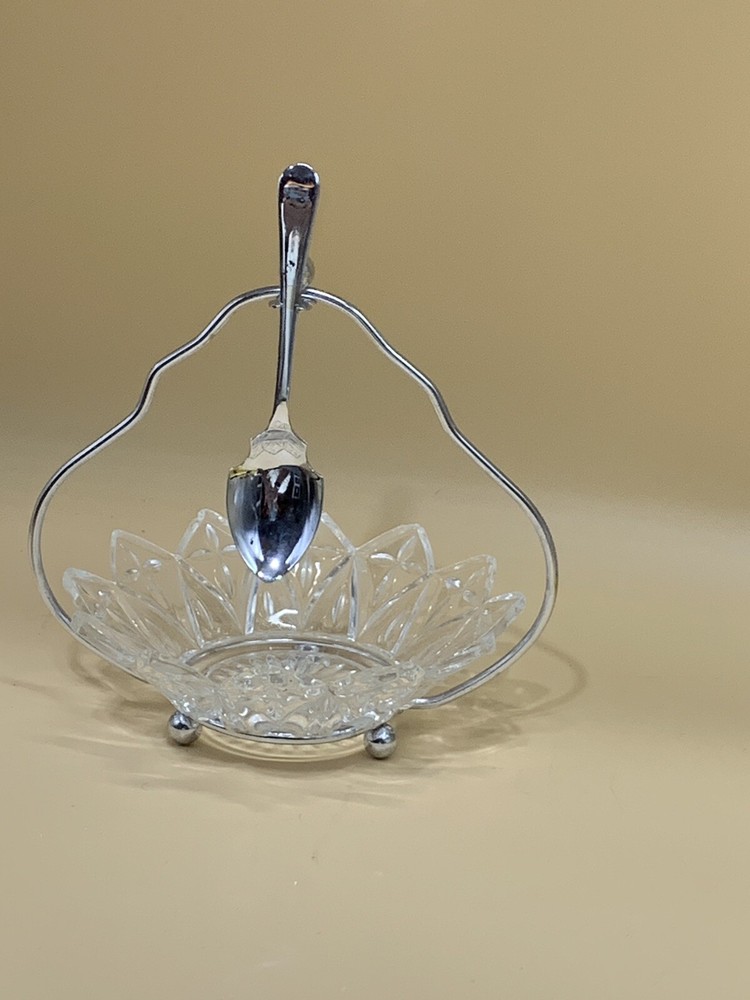 PRETTY GLASS GARNISH DISH WITH SPOON
