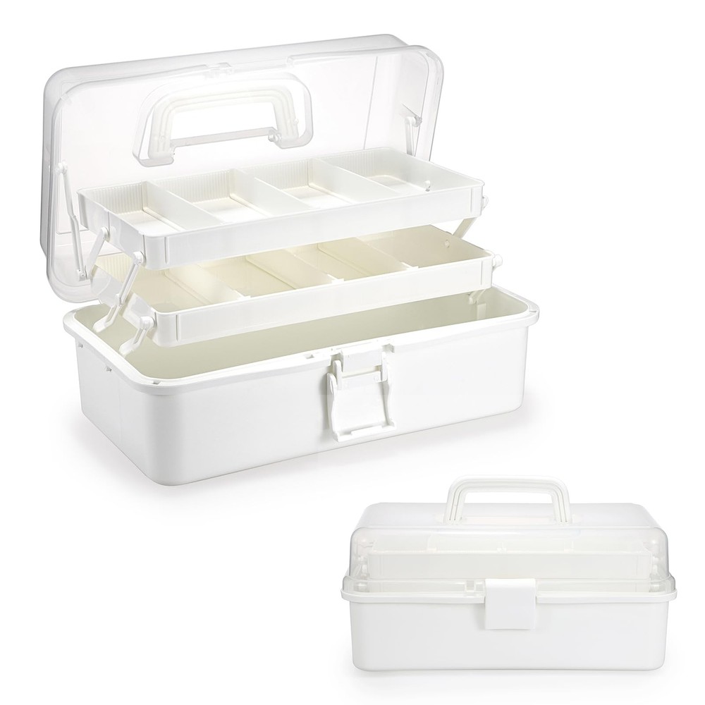 BTSKY 3-Layer Plastic Dividing Storage Box Craft Organizer with Beige White