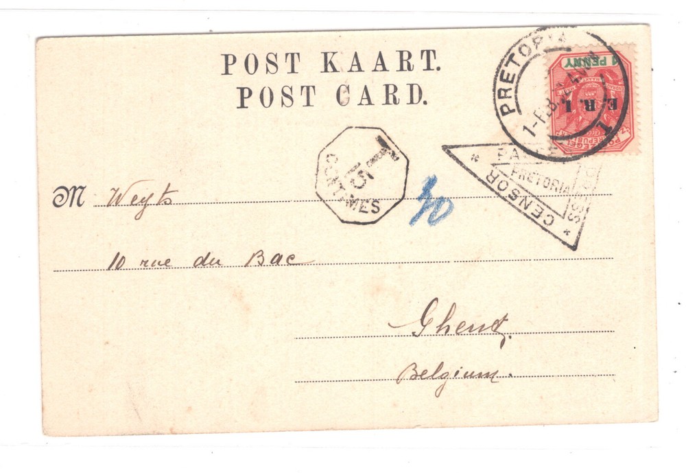 South  Africa   nice post  card  to  Belgium  postage due,  censor