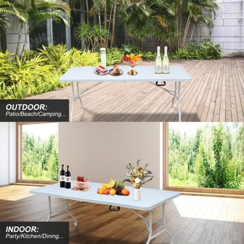 6 ft Folding Table with Handle, Heavy Duty Plastic Portable Table, Waterproof...