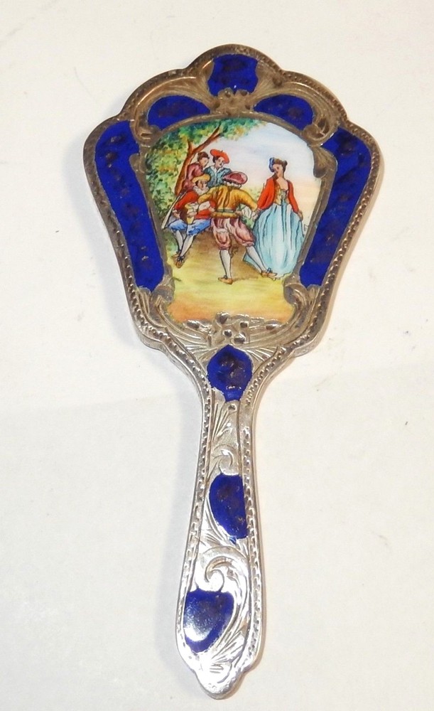 SMALL 800 SILVER ENGLISH PAINTED ENAMEL MAKEUP MIRROR