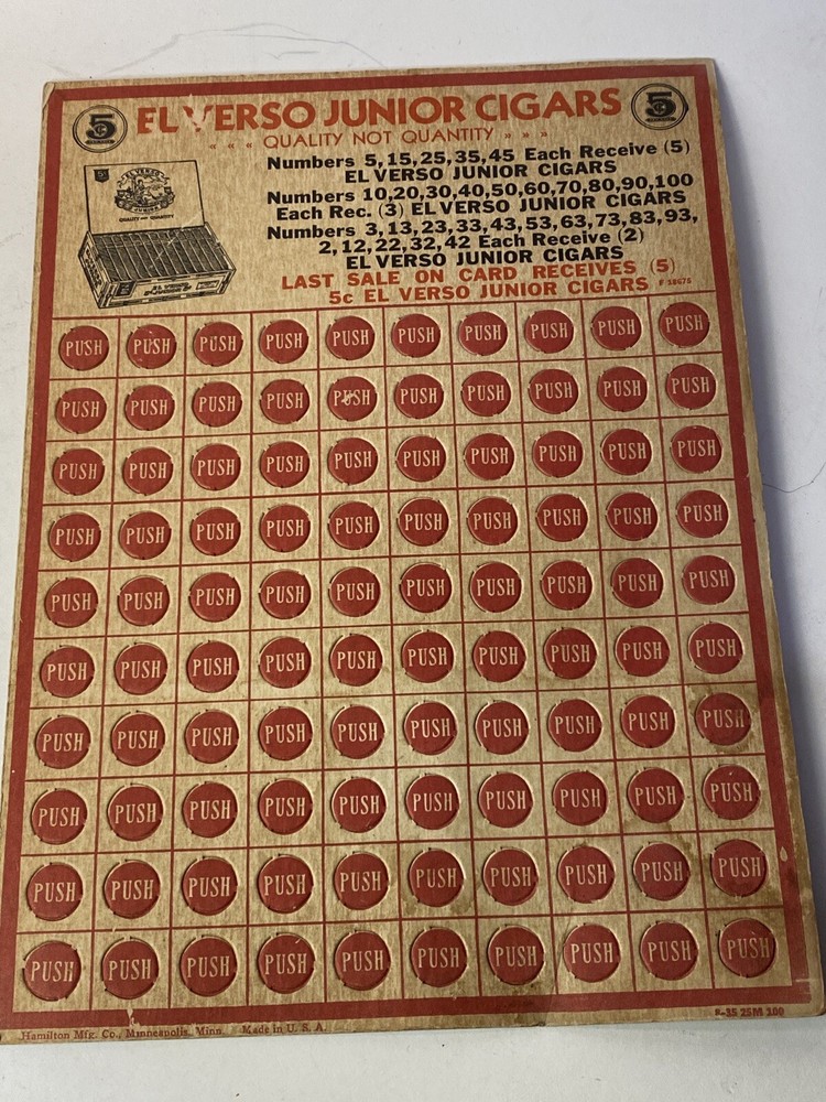 El Verso Junior Cigar 5 Cent Punch Card Large Unpunched