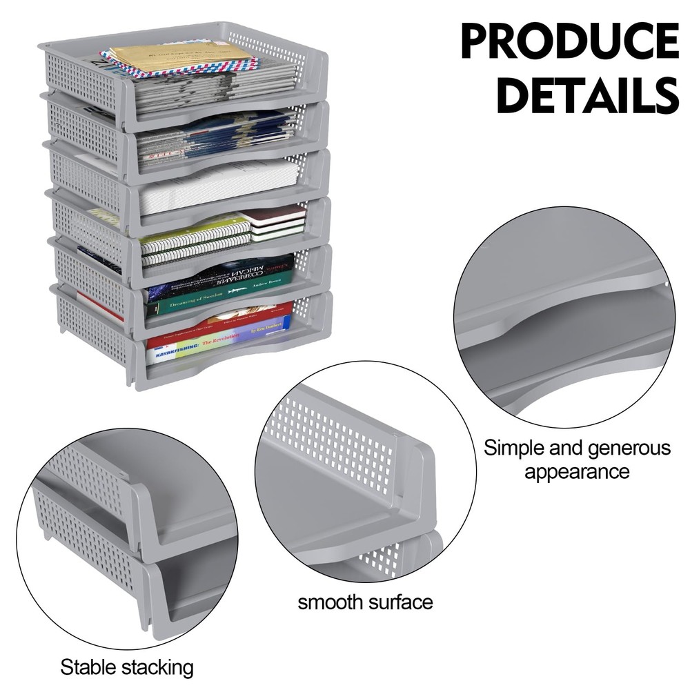 6 Pack Office Desk Tray Organizer Stackable Paper Grey Letter Tray