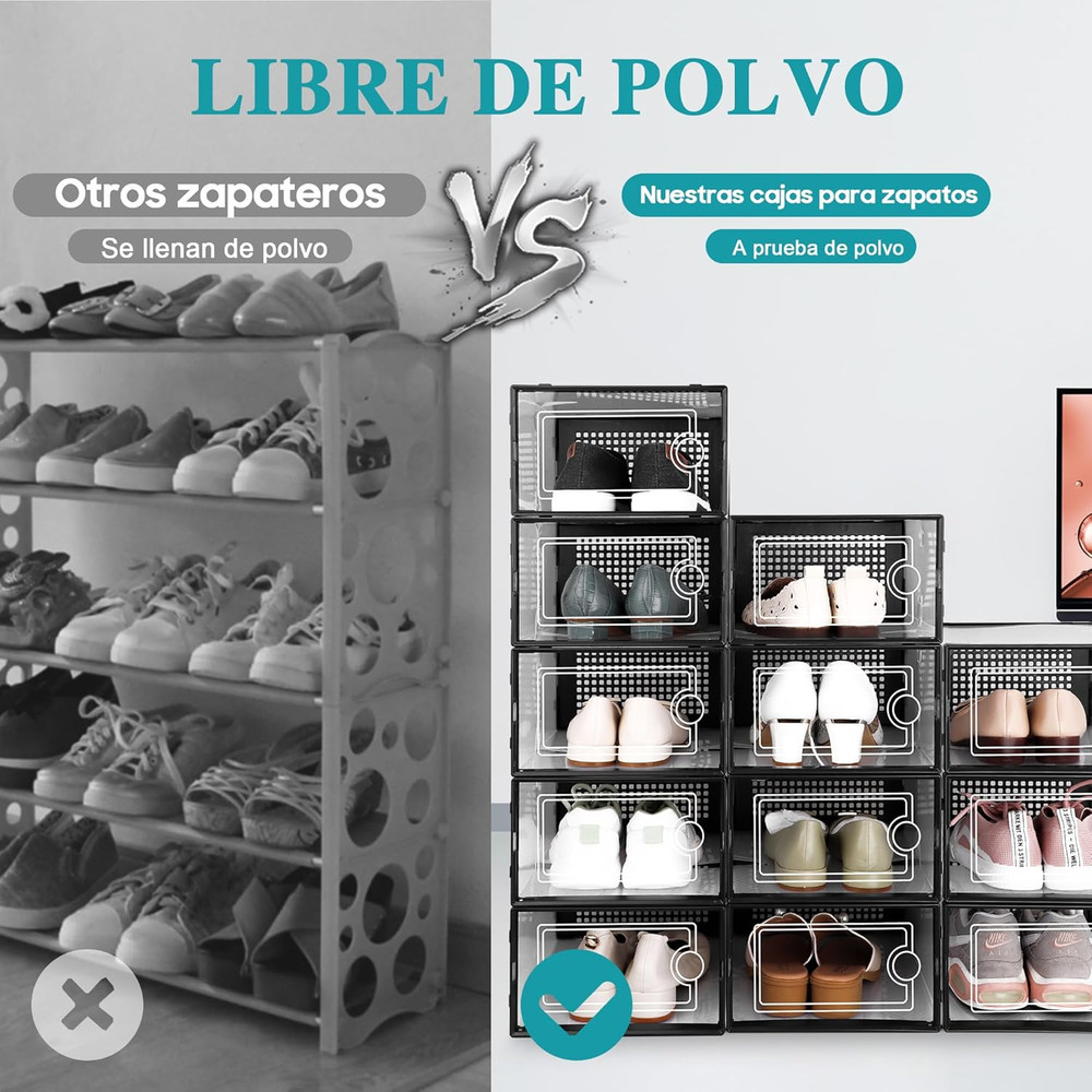 Large Shoe Organizers Storage Boxes for Closet, 12 Pack Clear Plastic Stackable