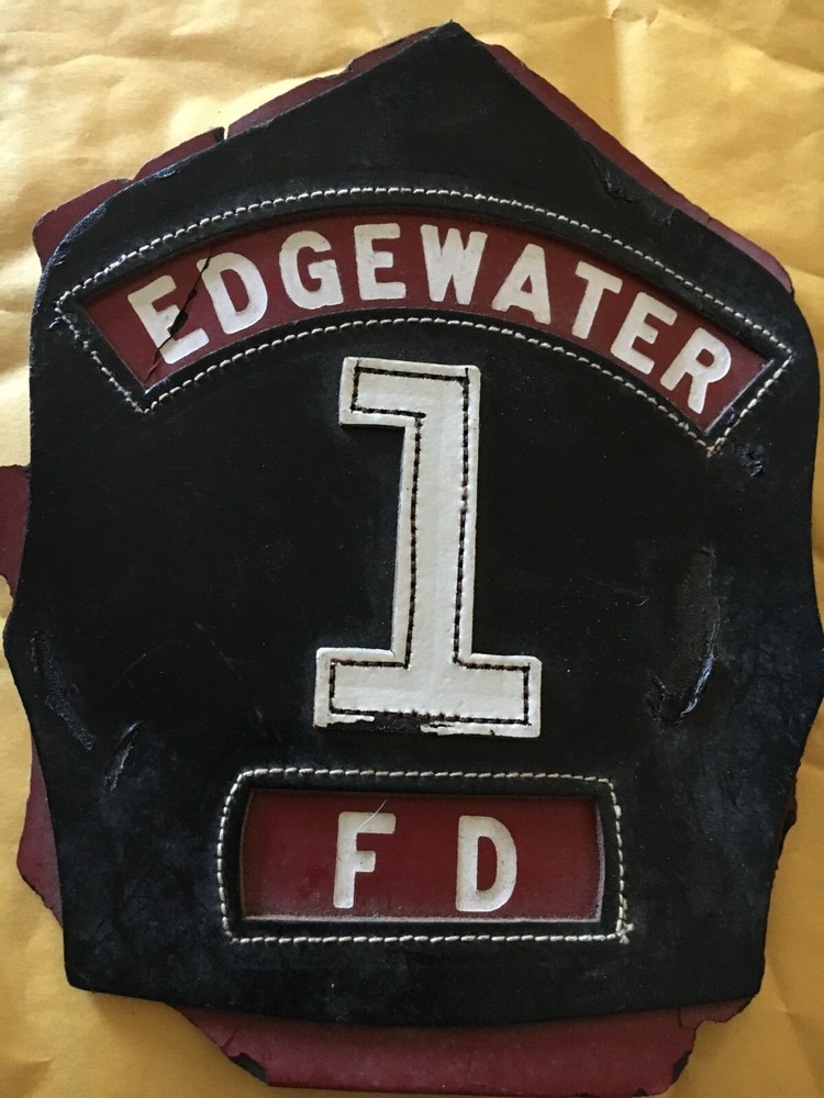 engine 1 Edgewater Fire Department Leather Helmet Front Device