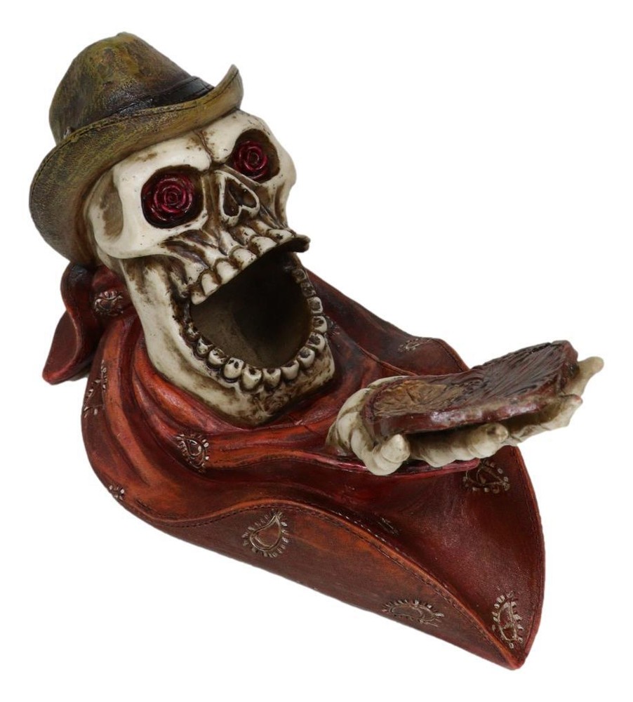 Rustic Western Gritty Budge Cowboy Skull Skeleton with Hat Drinking Wine Holder