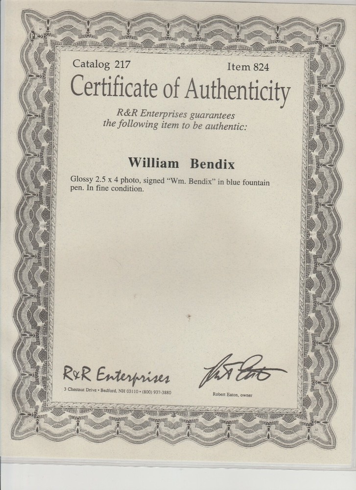 William Bendix 2 1/2" by 4" Signed Autograph Photo COA