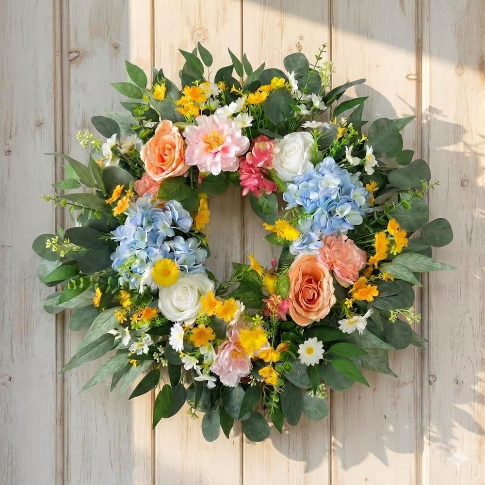 26 Inch Spring Wreath for Front Door Easter Wreath with Hydrangea, Peony & Ro...