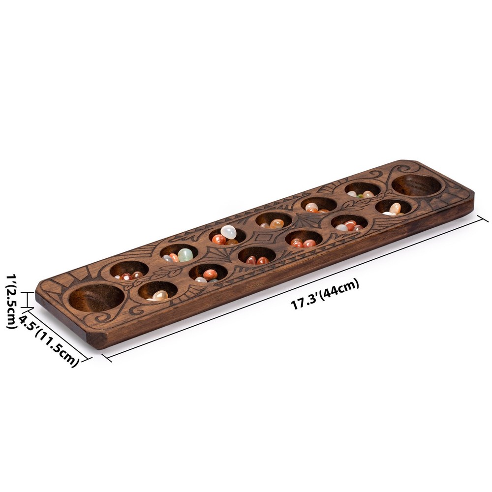 Mancala Set With Solid Wood Board and Quartz Pebble Playing Pieces