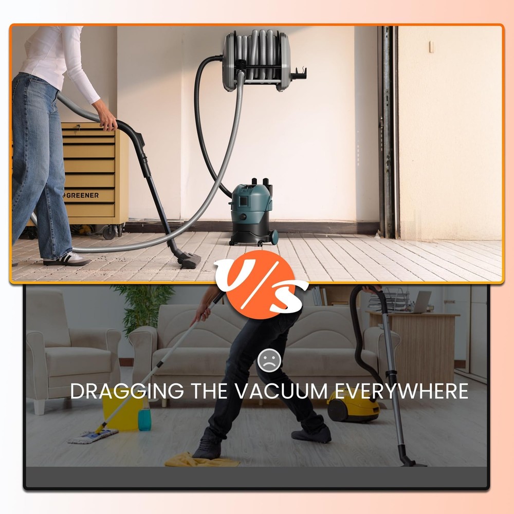 Vacuum Hose Reel with 30ft Replaceable Hose, Light Grey