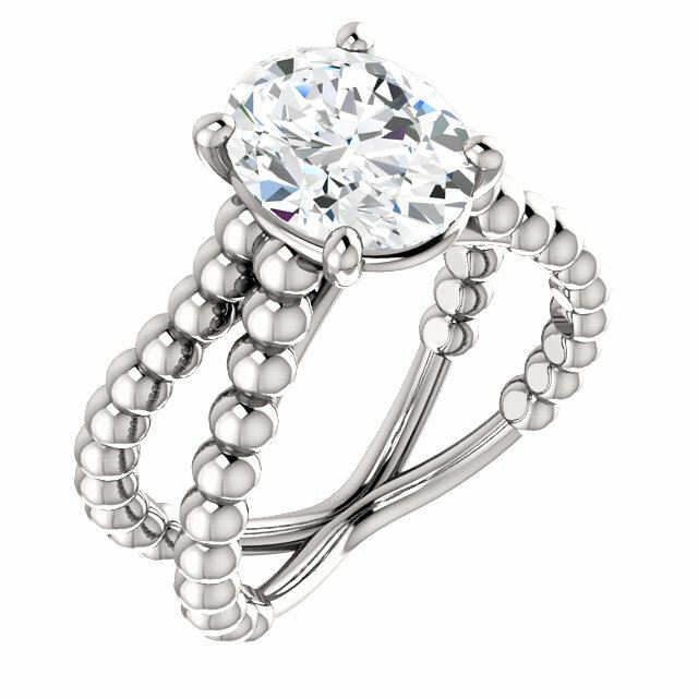 Sterling Silver Oval Cut Solitaire Ring Setting - Beaded Split-Shank Style Ring