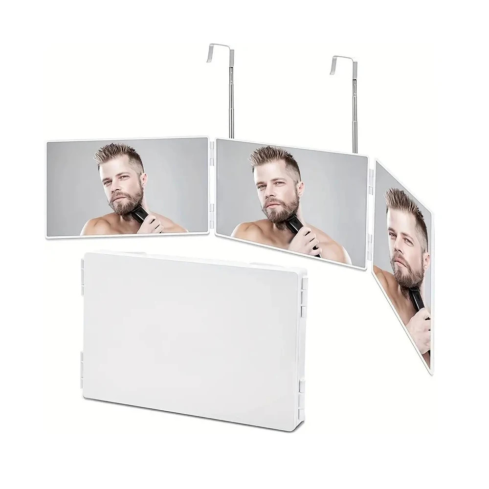 360 Trifold Vanity Makeup Mirrors with Height Adjustable Telescoping Hook for Ha