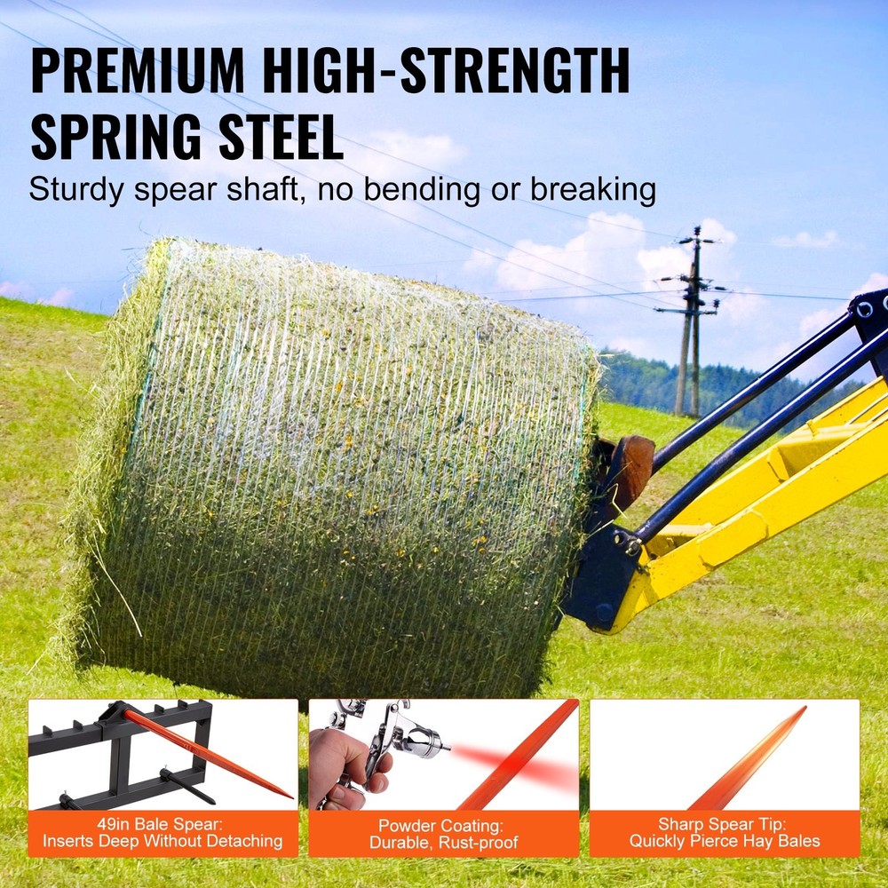 49" Hay Spear Bale Spears 1600lbs Loading Capacity Skid Steer Loader Tract