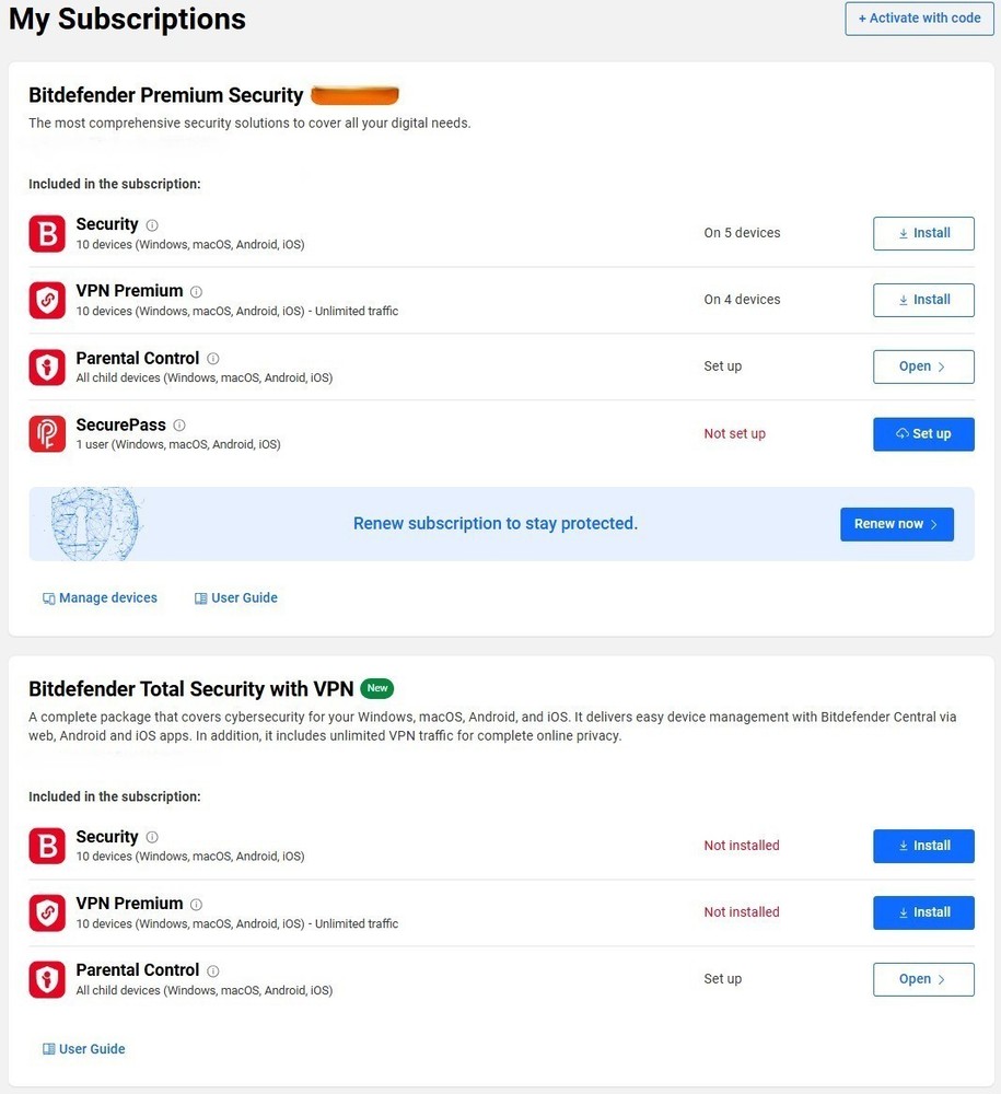 Bitdefender Total Security with VPN -1 Year 10 Devices/ Subst. Premium Security