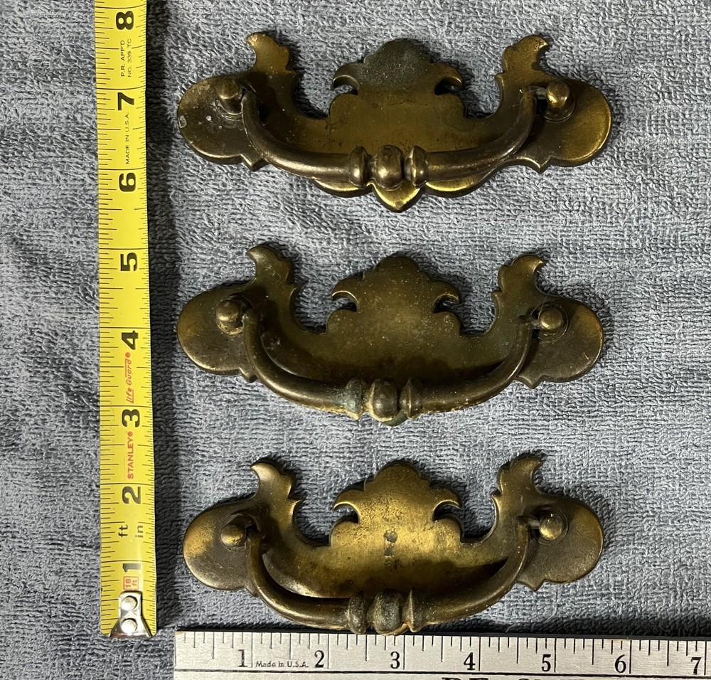 Vintage Drawer Handle Pulls - Large Drop Bail Pull Handles - Brass - Set of 3