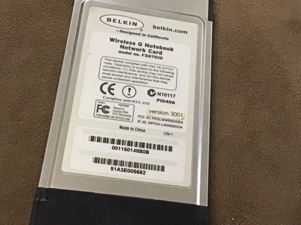 Belkin Wireless G Notebook Network Card Model #F5D7010 ,Version 3001