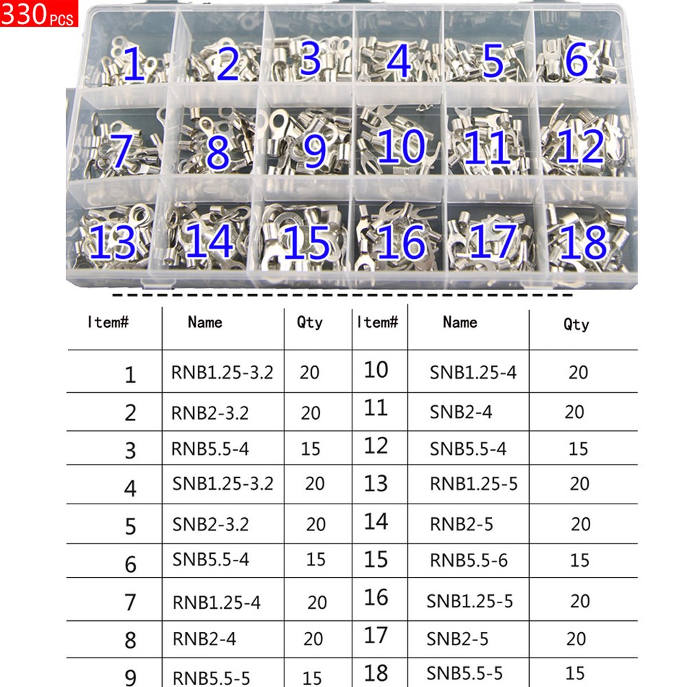 330pcs 18 Sizes Bare Wire Crimp Spade Terminals Connectors Assortment Kit