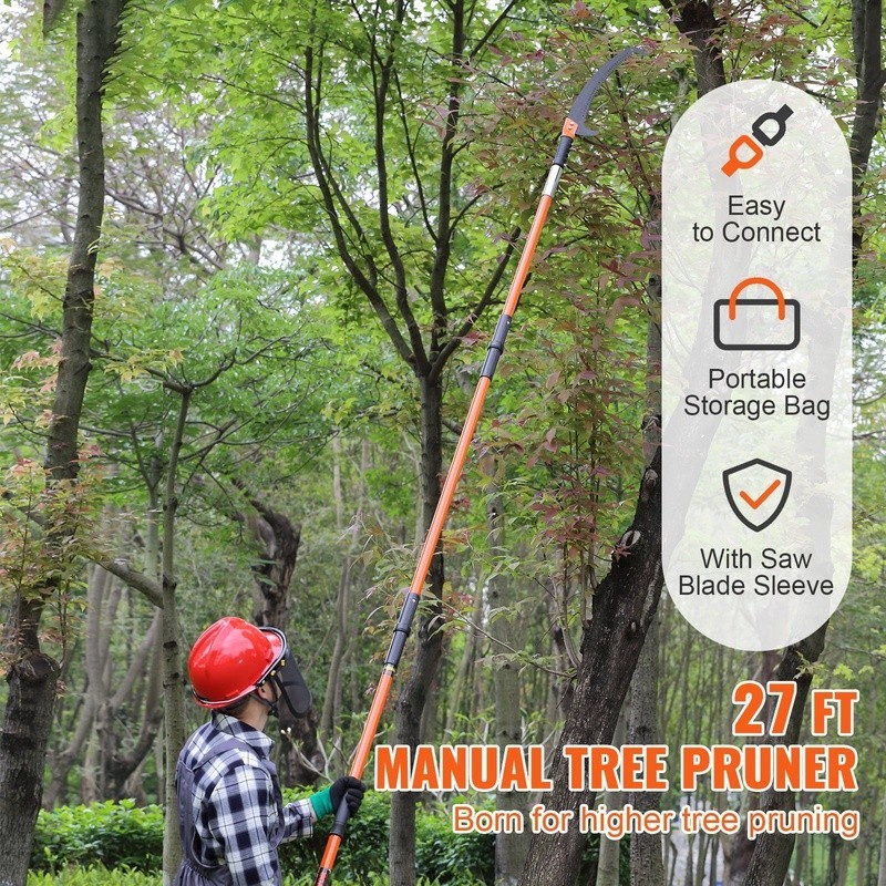 Manual Pole Saw 27 ft Telescoping Tree Pruner Double Bolt Stability Sharp Blade