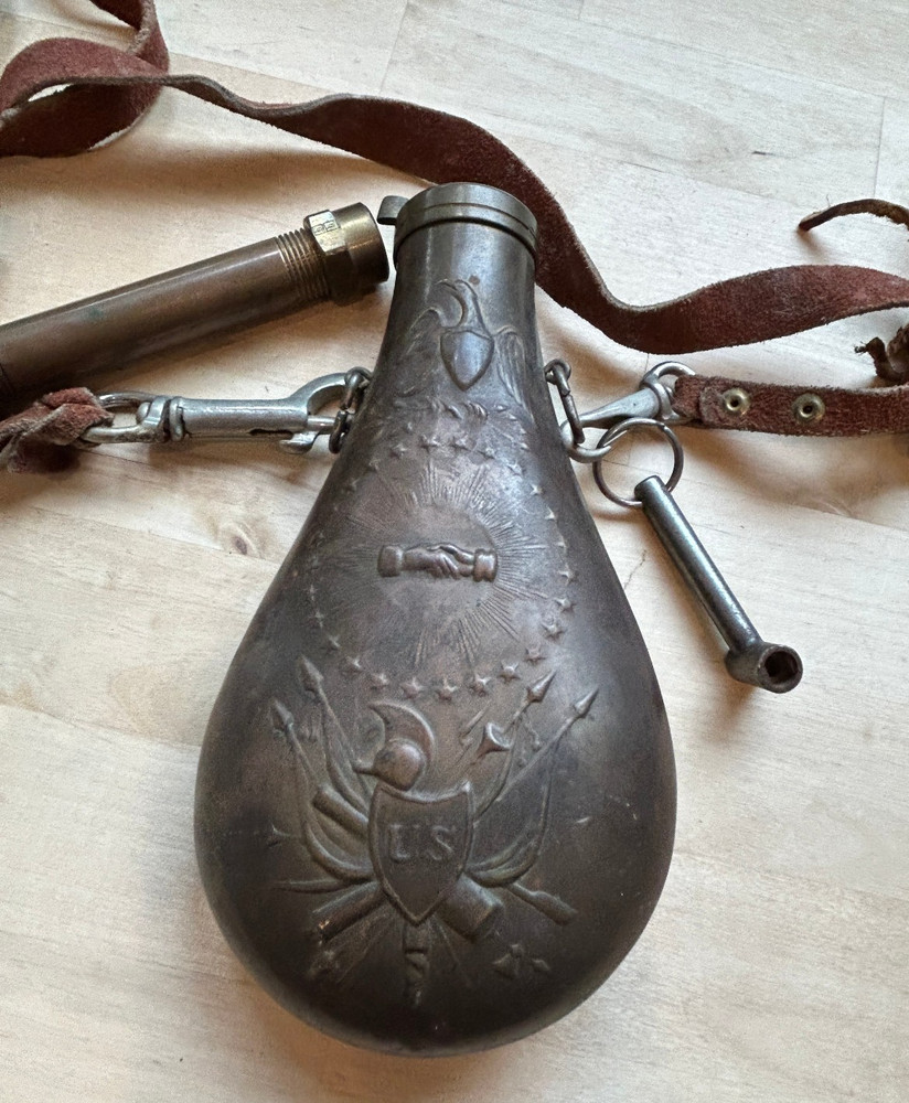 Vtg Peace Flask Brass Black Powder US Eagle Civil War w/ Strap