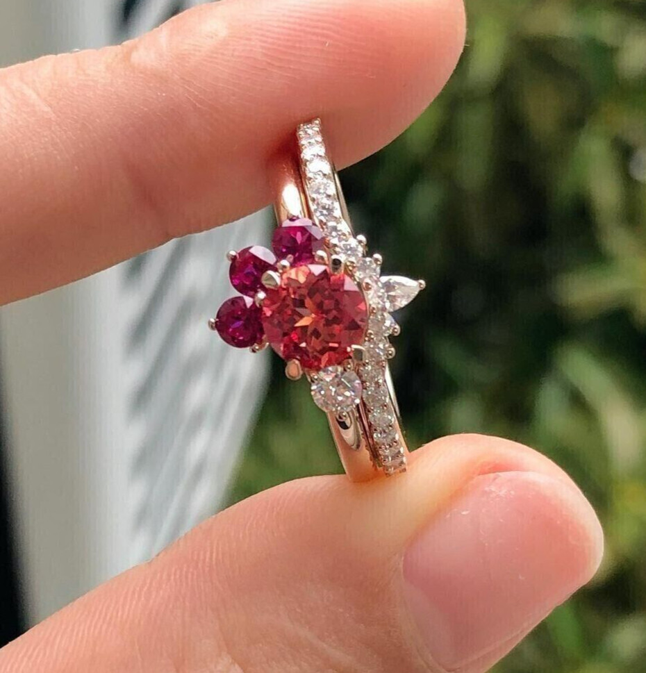 Women's Lab Created Ruby & Diamond Classic Wedding Bridal Set Ring 925 Silver