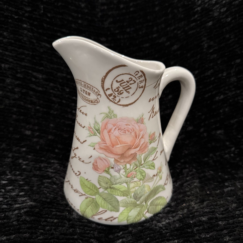 Telaflora White Ceramic Pitcher Flower Vase planter Rose & French Script pattern