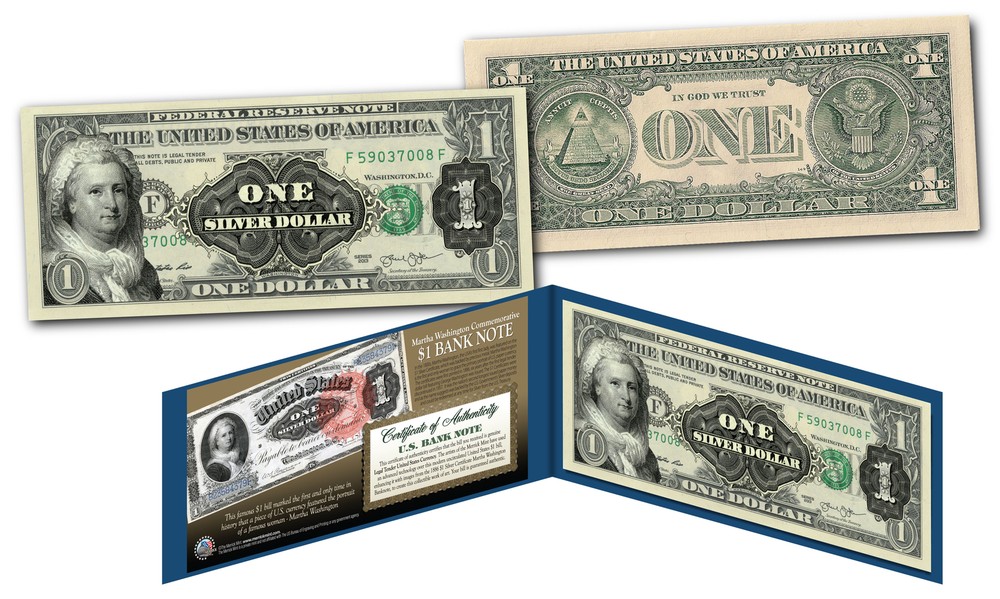 1886 Martha Washington One-Dollar Silver Certificate designed on modern $1 bill