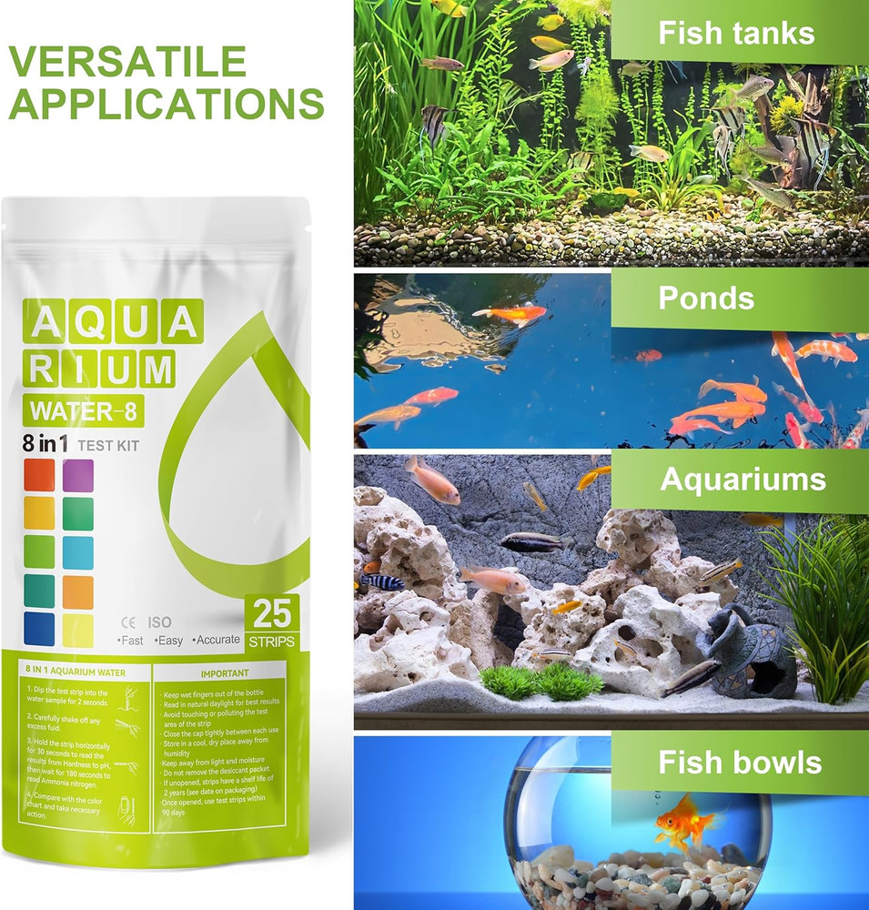 Aquarium Ammonia Test Strips 8-In-1 |25 Strips | Quick & Accurate Water Testing