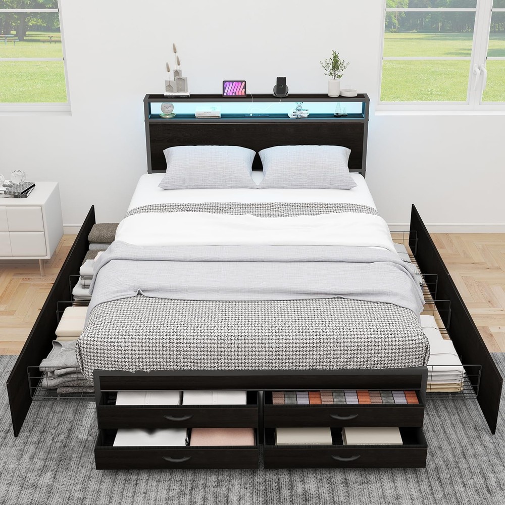 Full Bed Frame with 8 Storage Drawers, Full Metal Bed Frame with LED Light an...