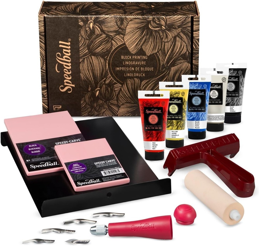 Deluxe Block Printing Kit - Includes Inks, Brayer, Bench Hook, Lino Handle and C