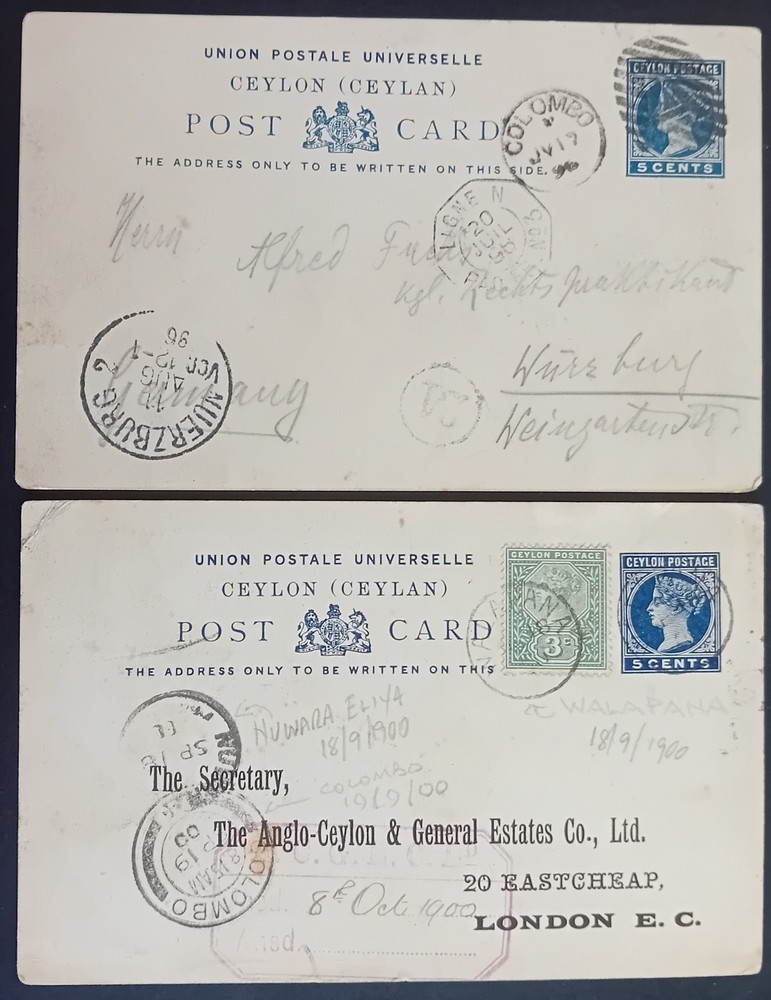 Ceylon 1894 Definitive 5 Cent Post Card Blue On White Card #C63