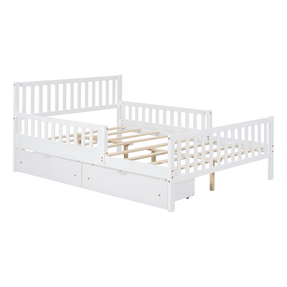 Full Size Bed Frame Wood Platform Bed Frame w/ 2 Drawer & Guardrails White