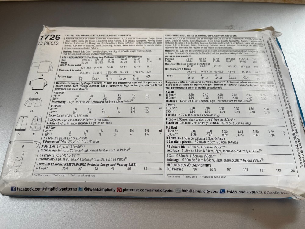 Simplicity Pattern 1726 Ms Project Runway Top~Kimono Jackets~Capelet~Obi Belt
