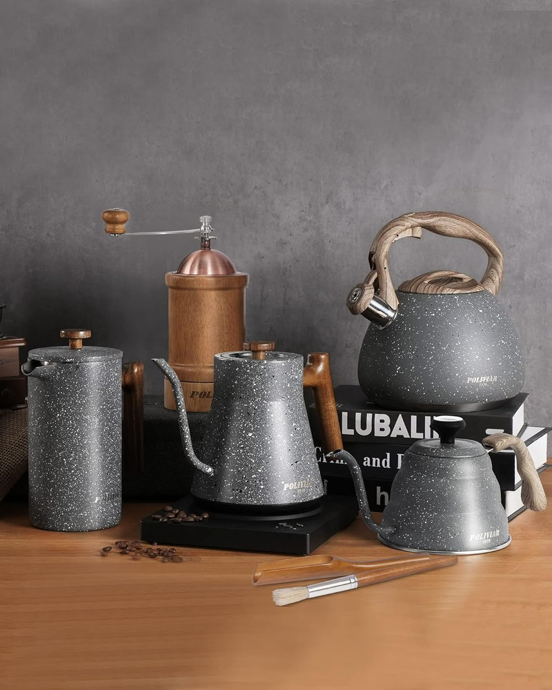 Tea Kettle, 2.7 Quart Natural Stone Finish with Wood Pattern Handle Loud Whis...