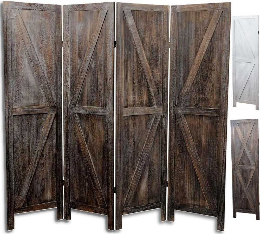 4-Panel Folding Privacy Screen - Rustic Barn Door Style, Portable Design
