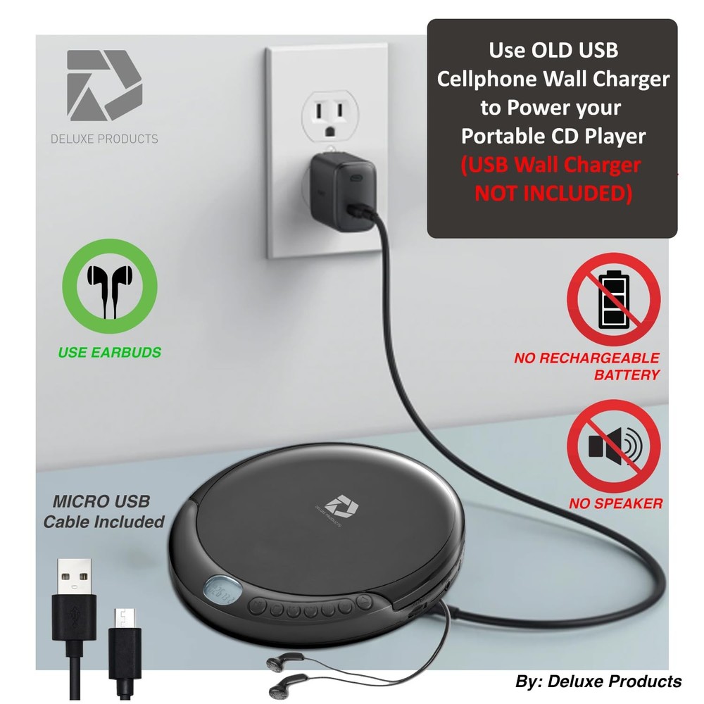 CD Player Portable with 60 Second Anti Skip Stereo Earbuds Includes Aux in Cable
