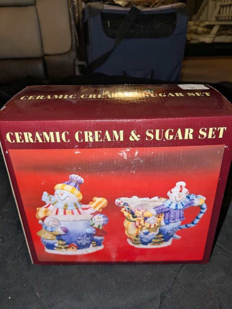 ceramic cream & sugar set SNOWMAN HAND PAINTED New In Box