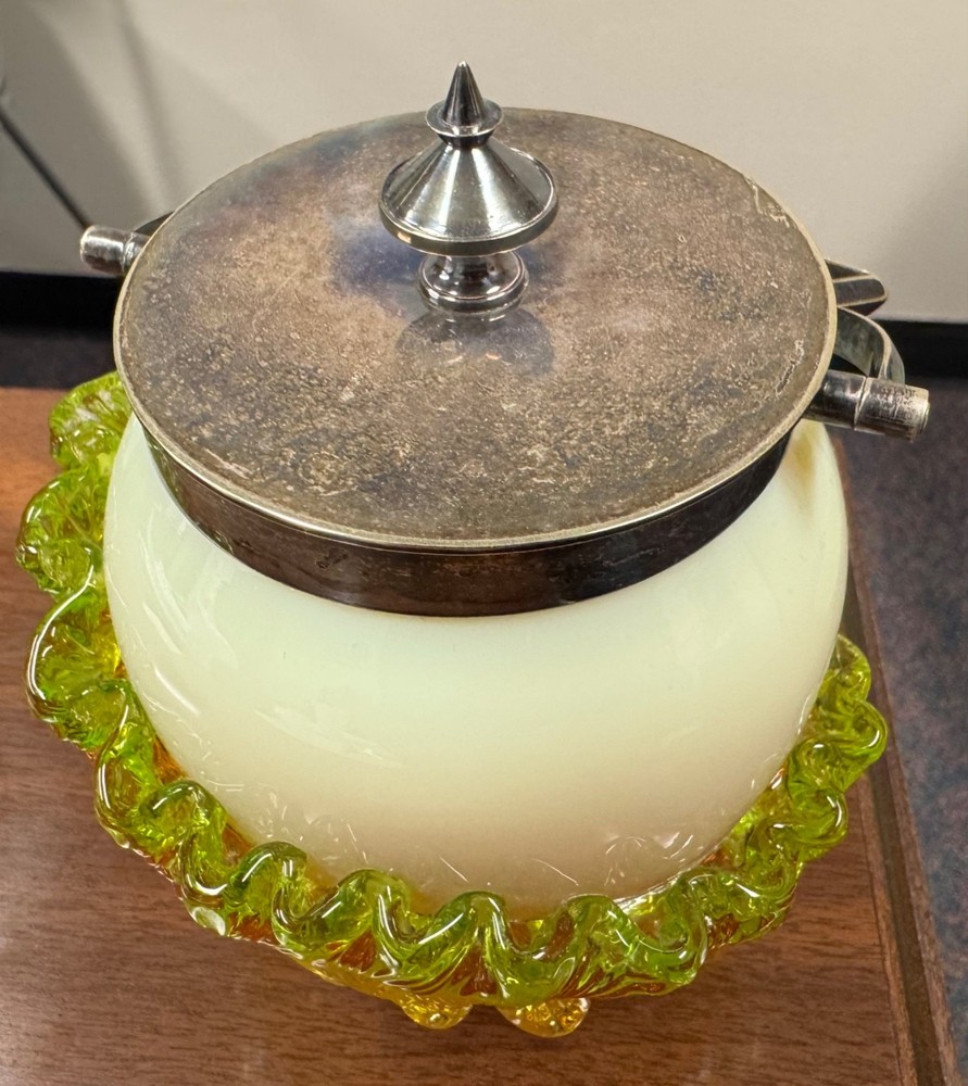 Opaline uranium biscut jar, stunning with applied leaf decoration.
