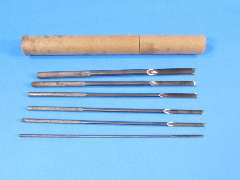 uncommon set 6 drill rod style wood gouges or carving tools w/ knurled handles