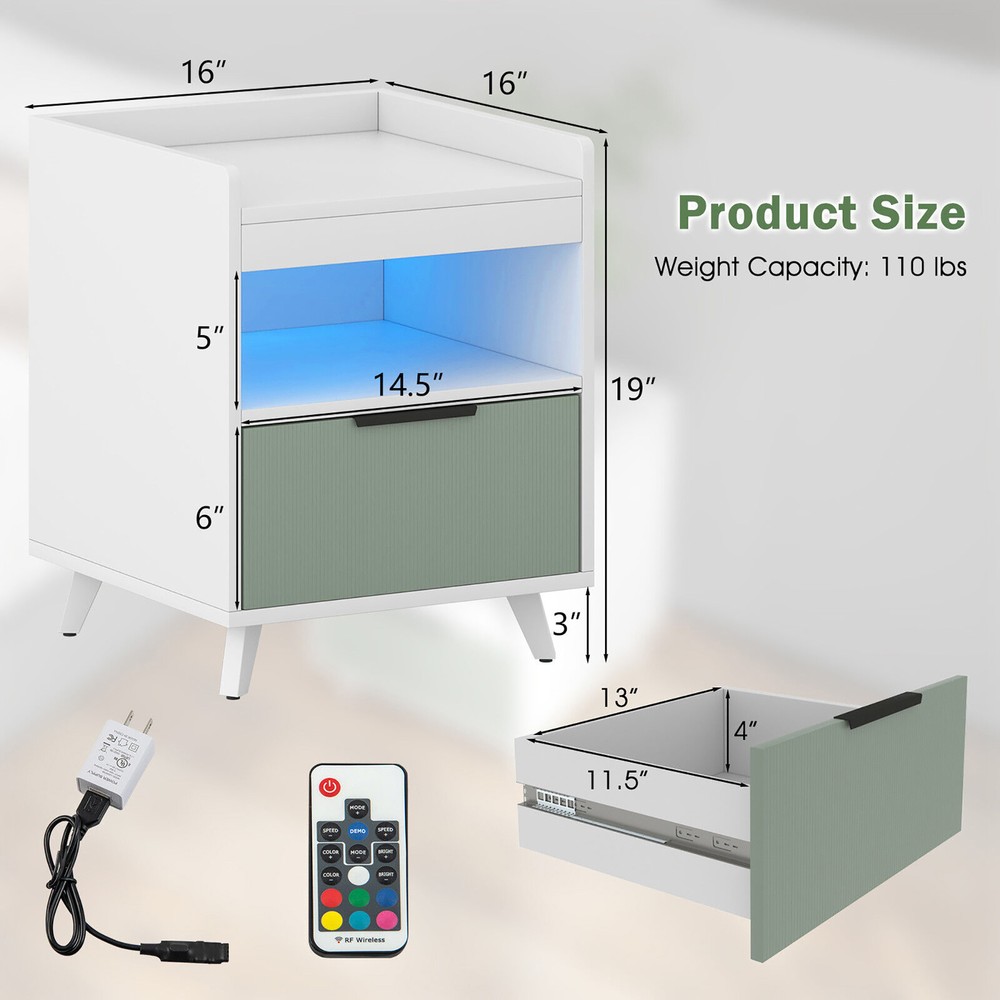 Nightstand Modern Beside End Table w/ LED Lights Open Compartment & Drawer