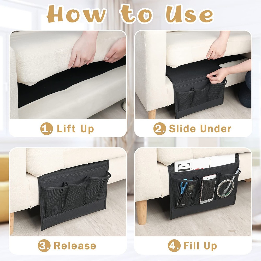 Bedside Pockets Organizer, Armchair Caddy for Remote, Black