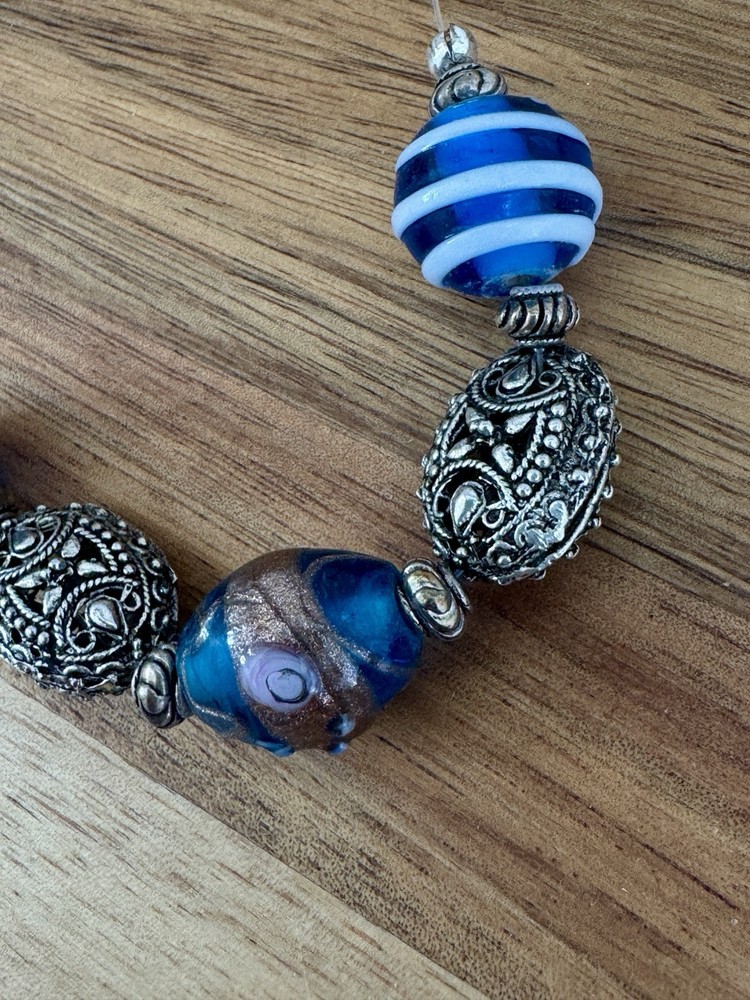 Handmade Artisan Glass Beared And Silver Necklace 21”