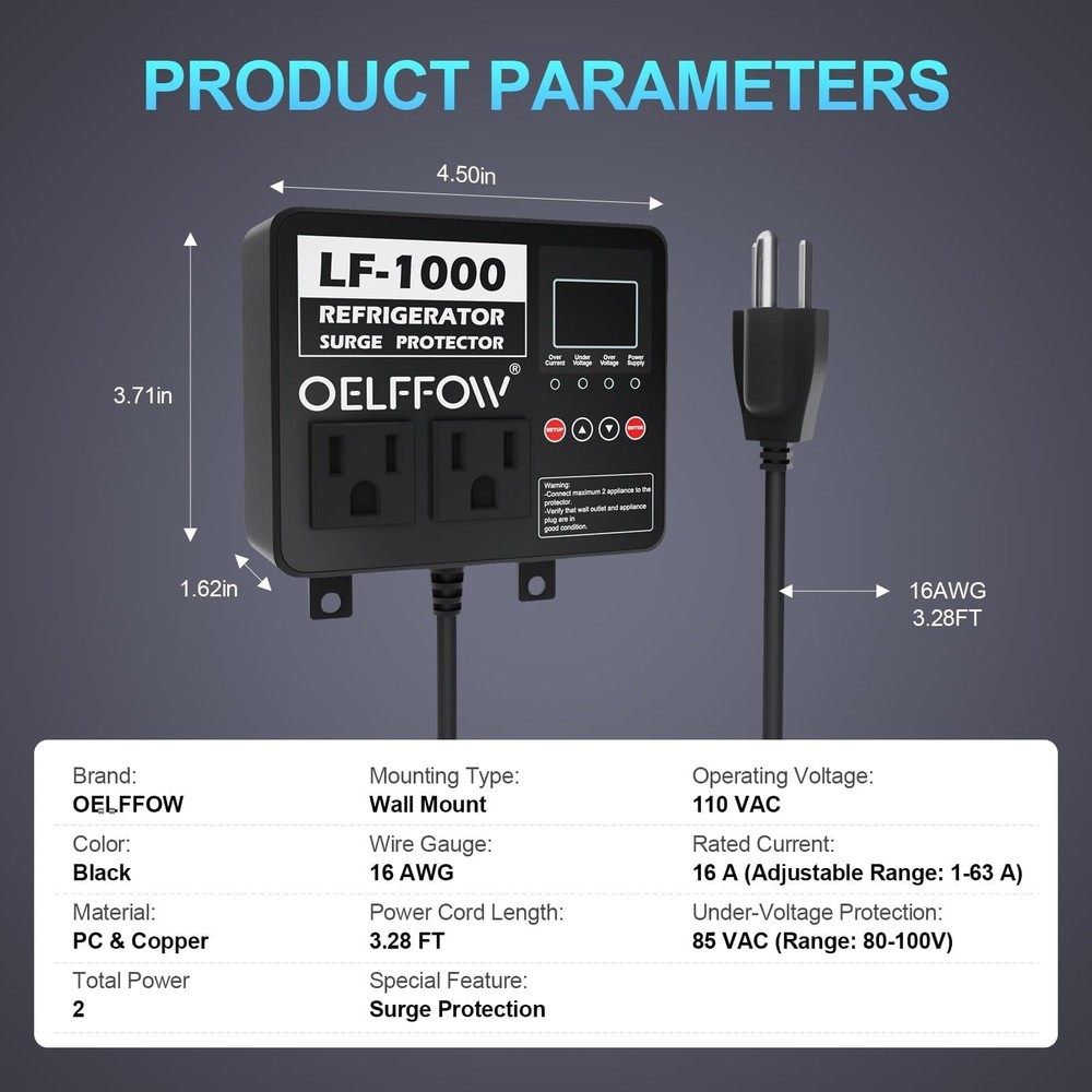 OELFFOW Refrigerator Surge Protector, Time Delay and Real-time Display, Volta...