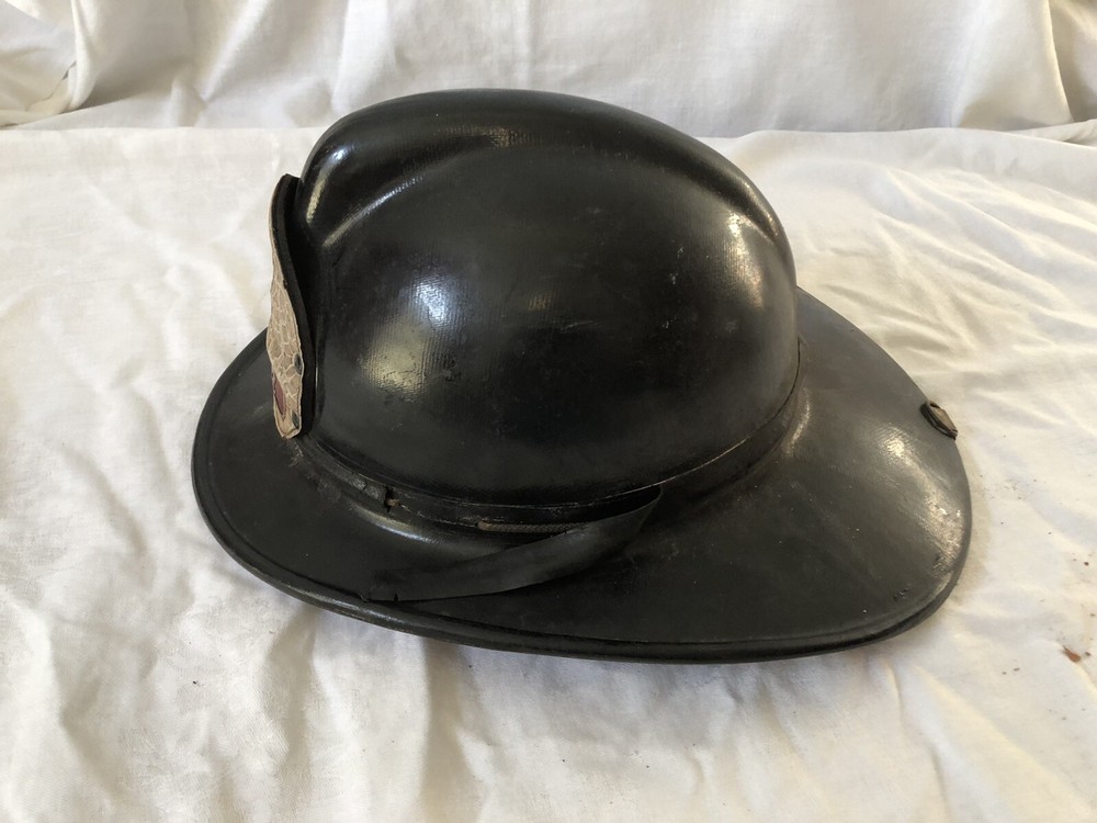 VINTAGE BLACK PLASTIC FIRE HELMET ~ MHC #2 LEATHET FRONT