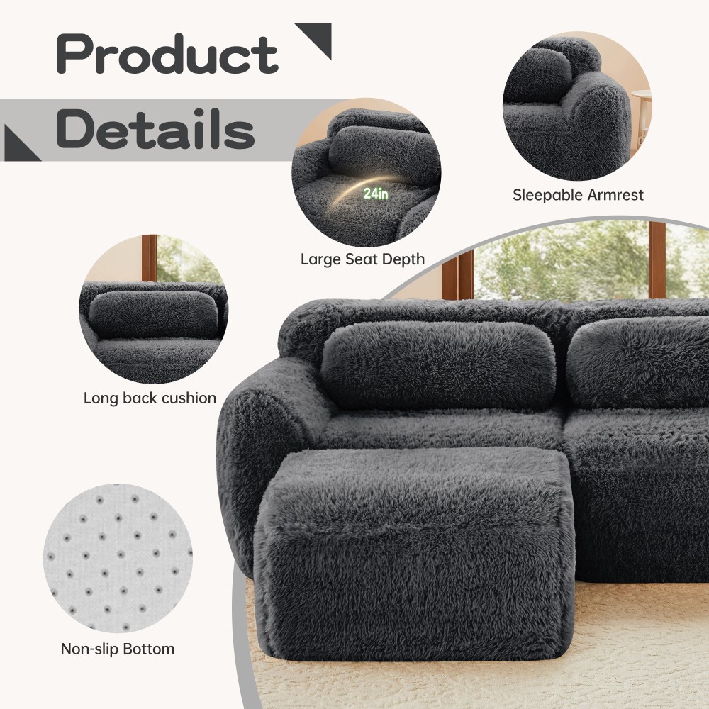 149'' Modular Plush Sofa w/Non-slip Base, Dark Grey, 32D Sponge